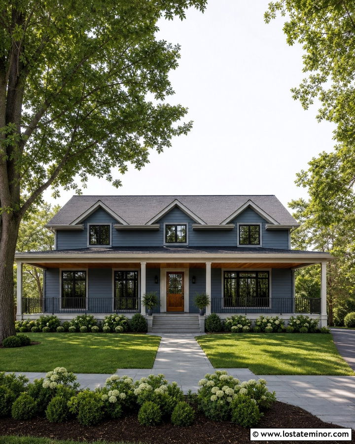 Denim Blue House With Black Porch Railings - 30 Denim Blue House Design With Front Porch Ideas
