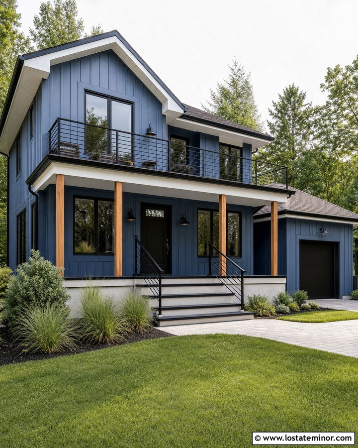 Denim Blue House With Black Railings And Steps - 30 Denim Blue House Design With Steps Ideas