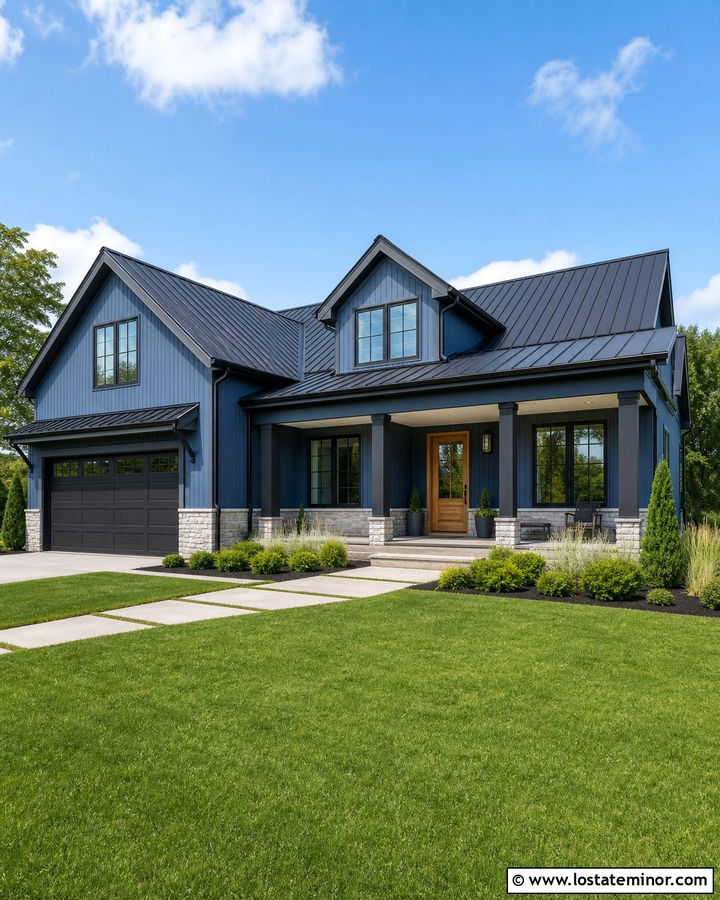 Denim Blue House With Black Roof And Columns - 30 Denim Blue House Design With Porch Columns Ideas