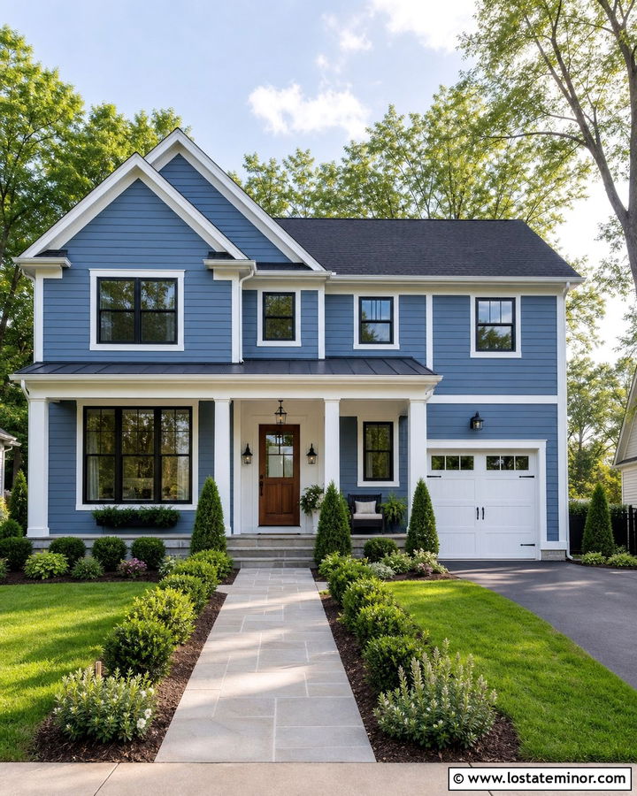 Denim Blue House With Black Sashes And White Window Frames - 30 Denim Blue House Design With Window Frames Ideas