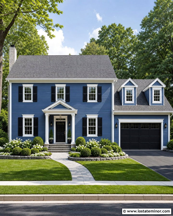 Denim Blue House With Black Shutters And White Garden Beds - 30 Denim Blue House Design With Landscaping Ideas