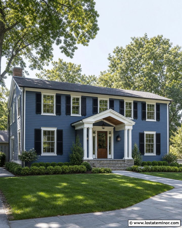 Denim Blue House With Black Shutters And Wood Door - 30 Denim Blue House Design With Shutters Ideas