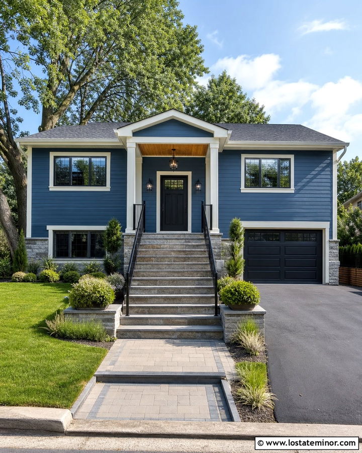Denim Blue House With Black Stair Railings - 30 Denim Blue House Design With Railings Ideas