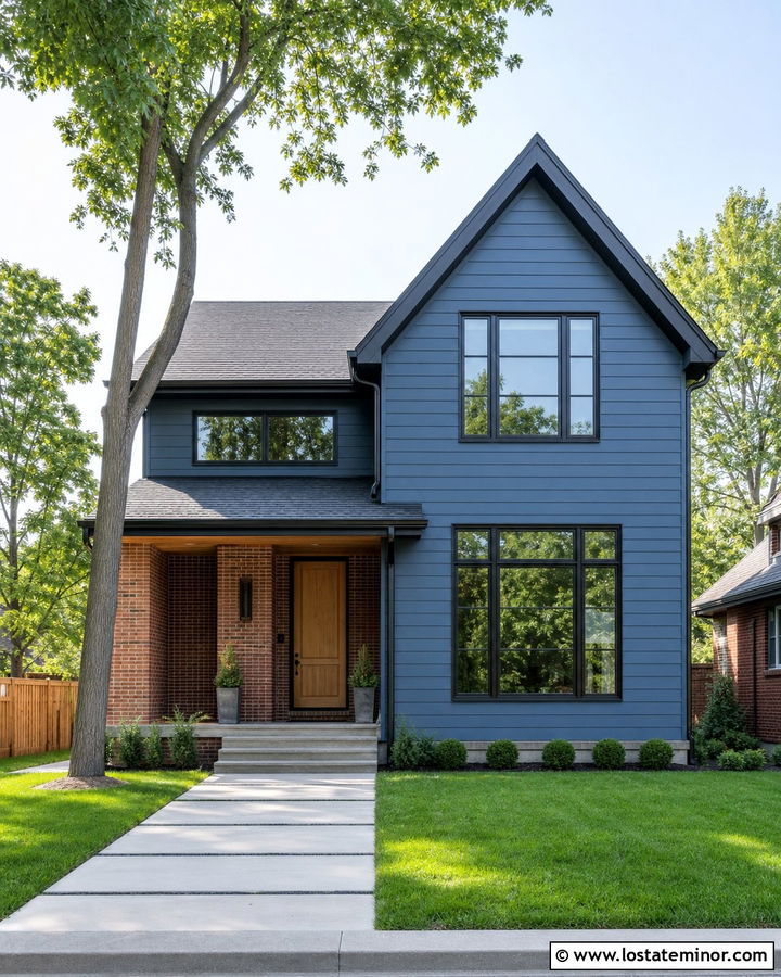 Denim Blue House With Black Trim And Brick - 30 Denim Blue House Design With Brick Accents Ideas