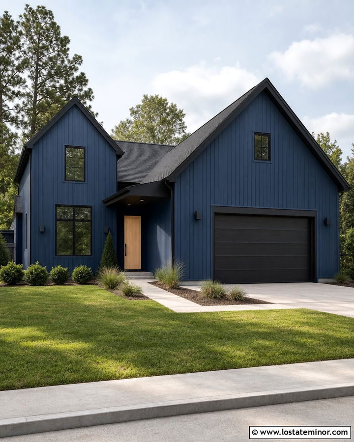 Denim Blue House With Black Trim And Cube Lights - 30 Denim Blue House Design With Lighting Ideas