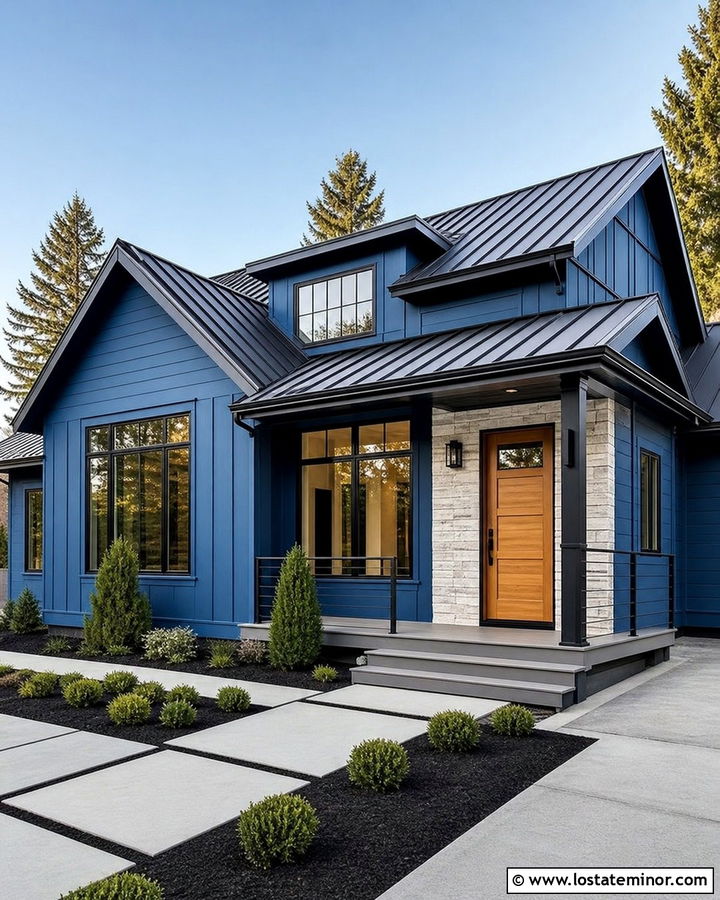 Denim Blue House With Black Trim And Gray Deck - 30 Denim Blue House Design With Deck Ideas