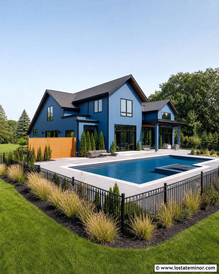 Denim Blue House With Black Trim And Modern Pool - 30 Denim Blue House Design With Swimming Pool Ideas
