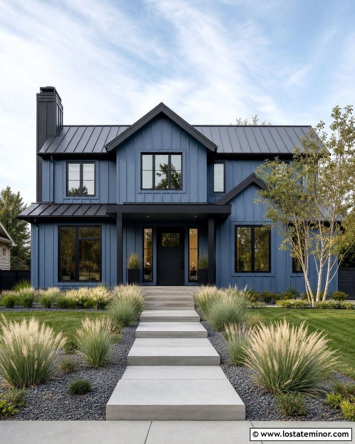 Denim Blue House With Black Trim And Ornamental Grasses - 30 Denim Blue House Design With Landscaping Ideas