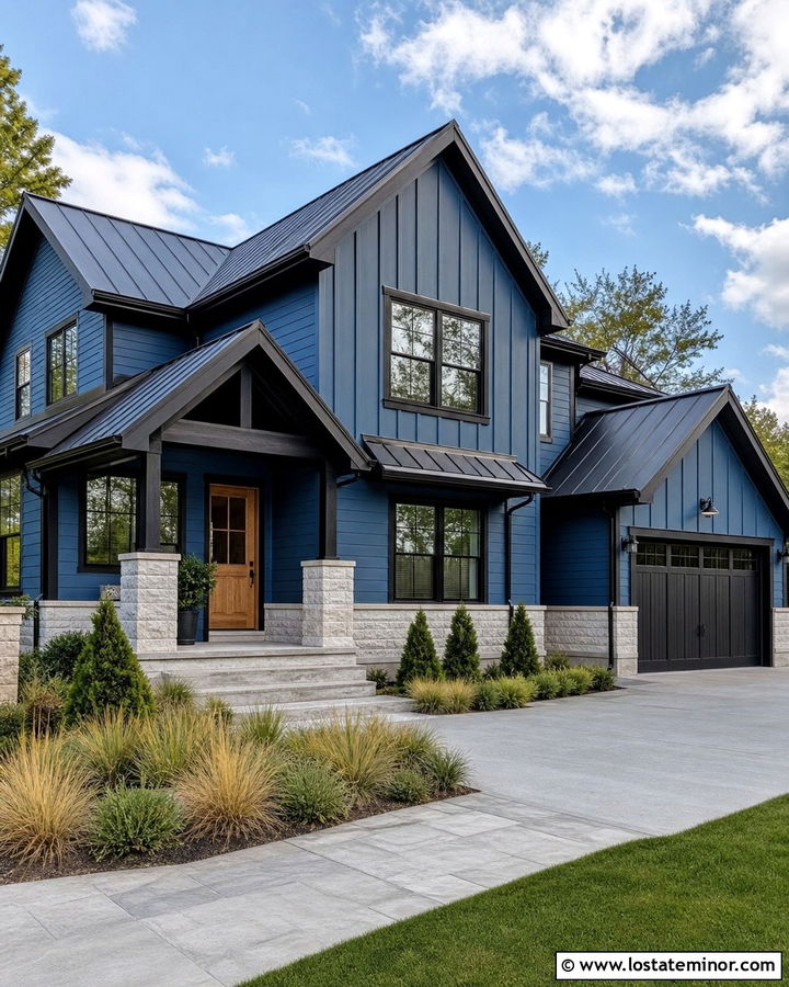 Denim Blue House With Black Trim And Stone - 30 Denim Blue House Design With Stone Accents Ideas