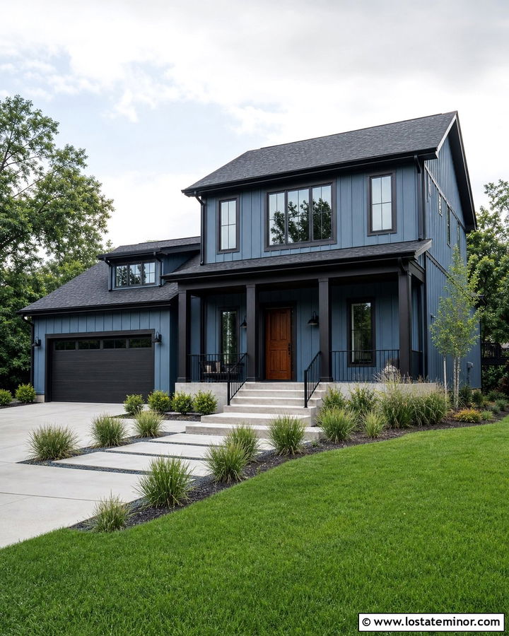 Denim Blue House With Black Trim And Walnut Door - 30 Denim Blue House Design With Accents Ideas