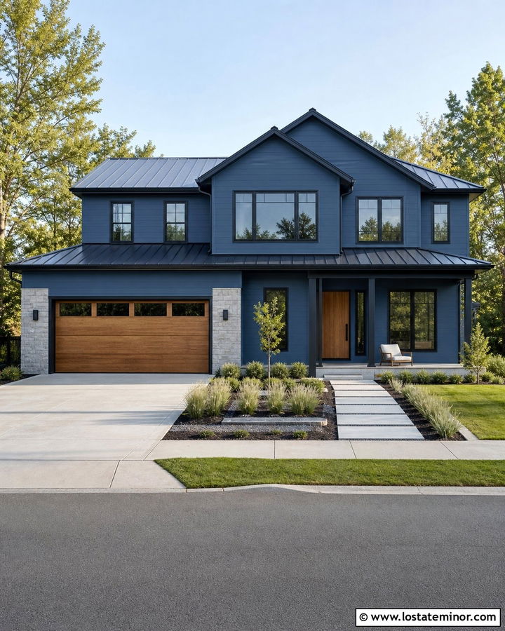 Denim Blue House With Black Trim And Wood Garage - 30 Denim Blue House Design With Trim Ideas