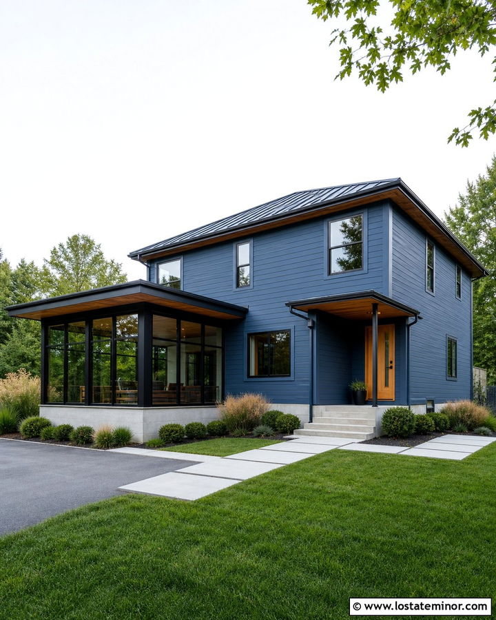 Denim Blue House With Black Trim Sunroom - 30 Denim Blue House Design With Sunroom Ideas