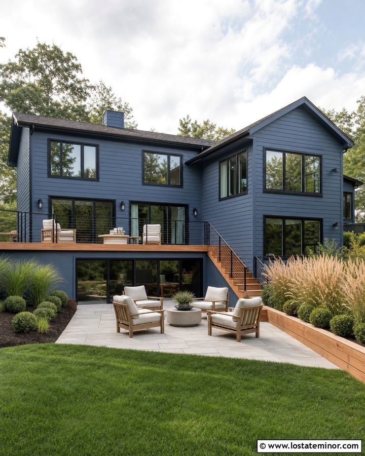 Denim Blue House With Black Window Trim - 30 Denim Blue House Design With Backyard Ideas
