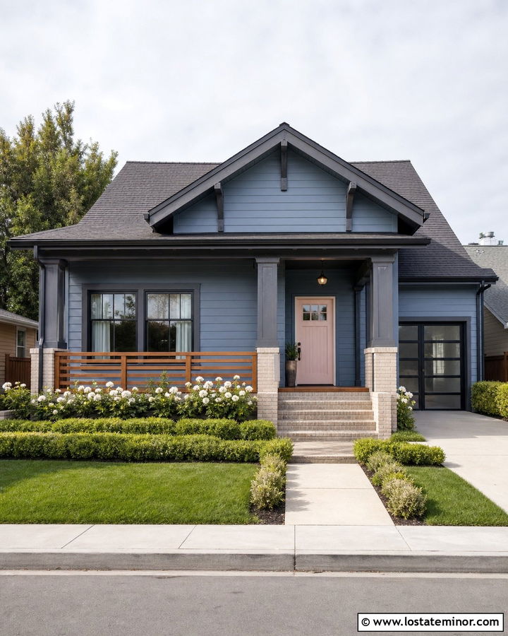 Denim Blue House With Blush Pink Front Door - 30 Denim Blue House Design With Front Door Ideas
