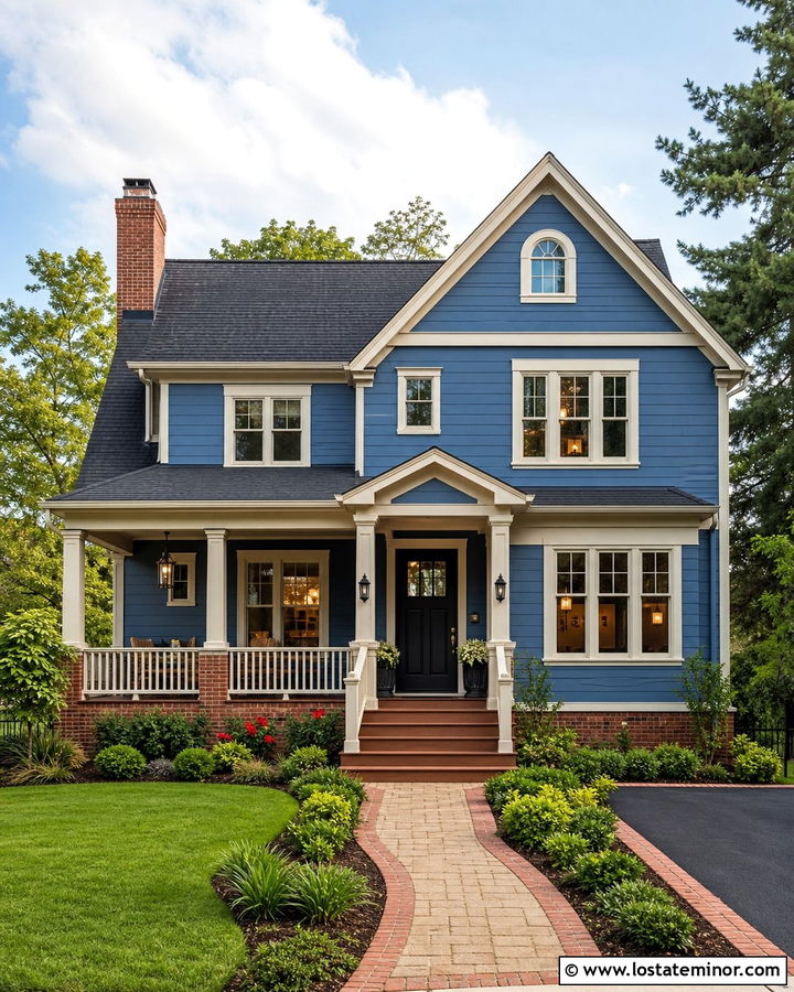 Denim Blue House With Brick Accent And Brown Deck - 30 Denim Blue House Design With Deck Ideas