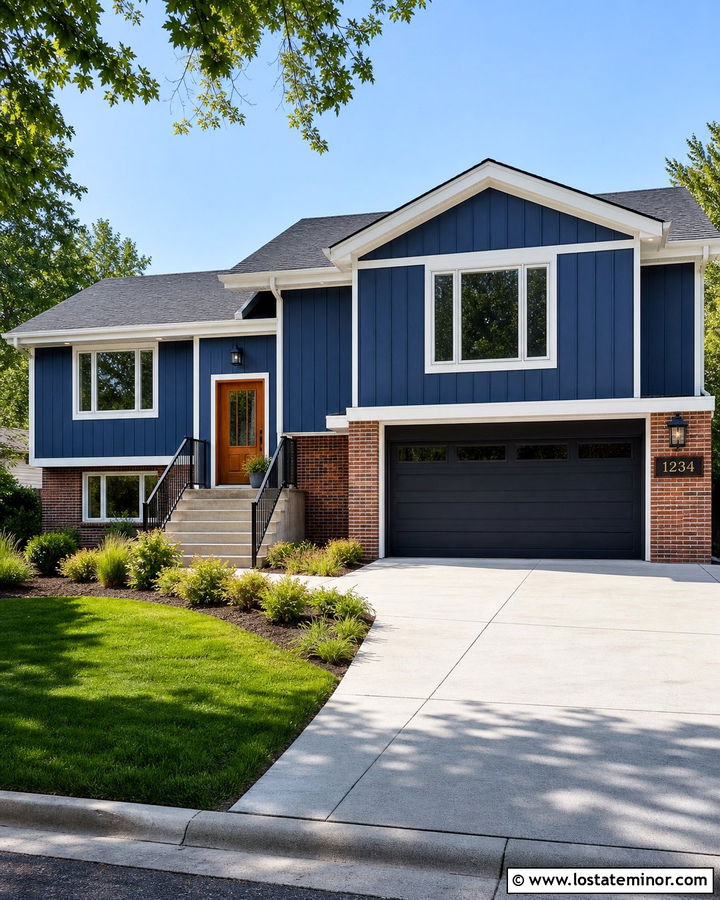 Denim Blue House With Brick Address Panel - 30 Denim Blue House Design With House Numbers Ideas