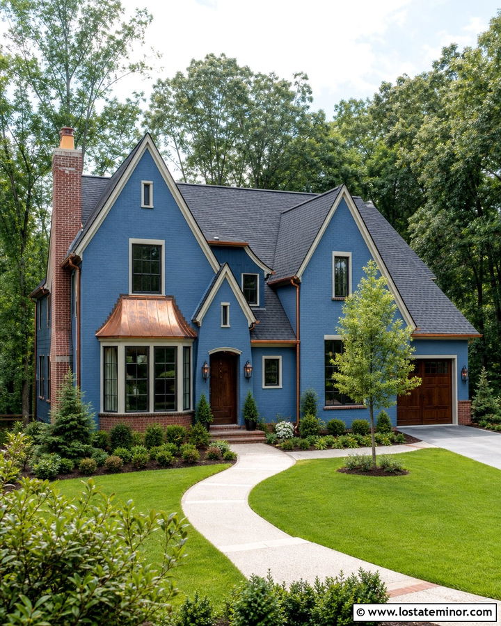 Denim Blue House With Brick And Copper Accents - 30 Denim Blue House Design With Brick Accents Ideas