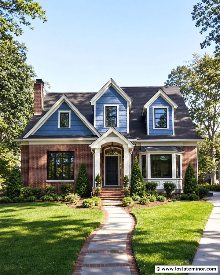Denim Blue House With Brick And Dormers - 30 Denim Blue House Design With Dormers Ideas