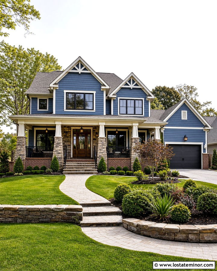 Denim Blue House With Brick And Stone - 30 Denim Blue House Design With Brick Accents Ideas