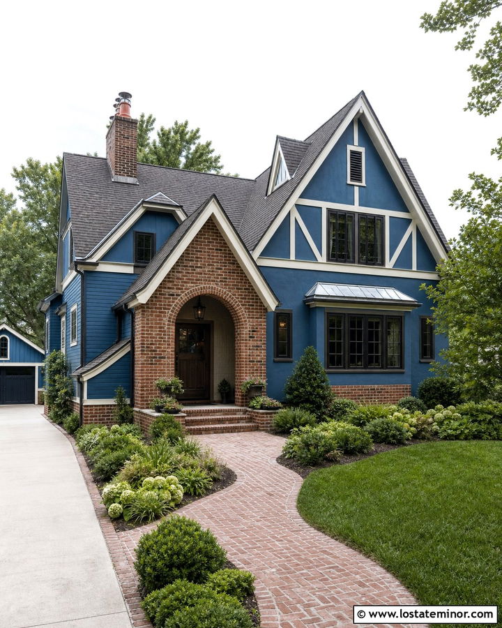 Denim Blue House With Brick Archway - 30 Denim Blue House Design With Brick Accents Ideas