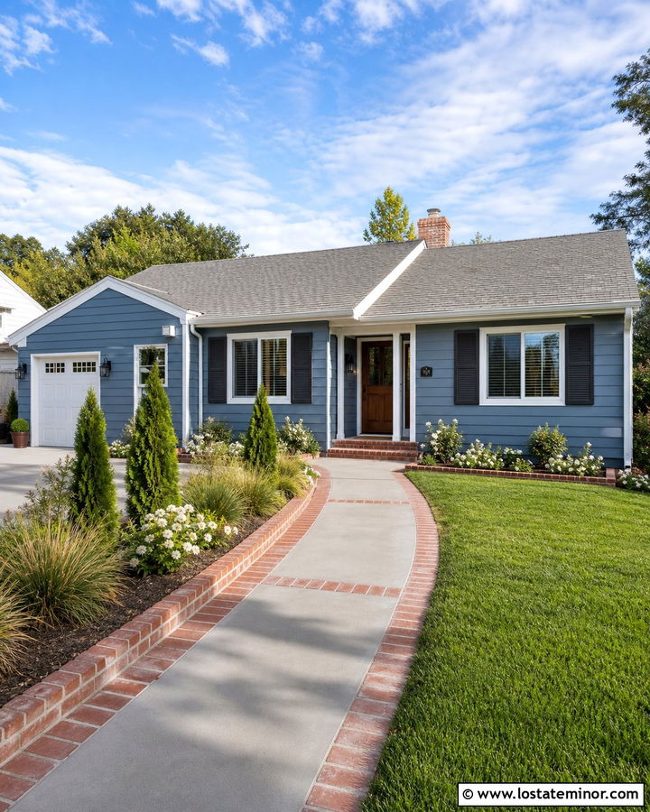 Denim Blue House With Brick Border Walkway - 30 Denim Blue House Design With Walkway Ideas