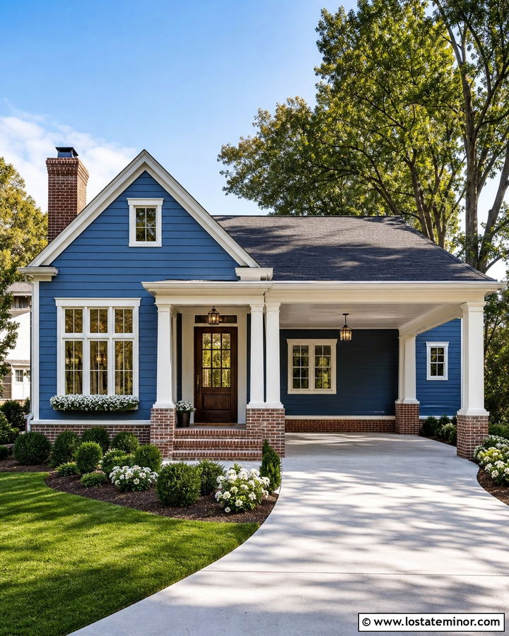Denim Blue House With Brick Carport Columns - 30 Denim Blue House Design With Carport Ideas