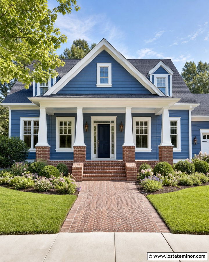 Denim Blue House With Brick Column Bases - 30 Denim Blue House Design With Porch Columns Ideas