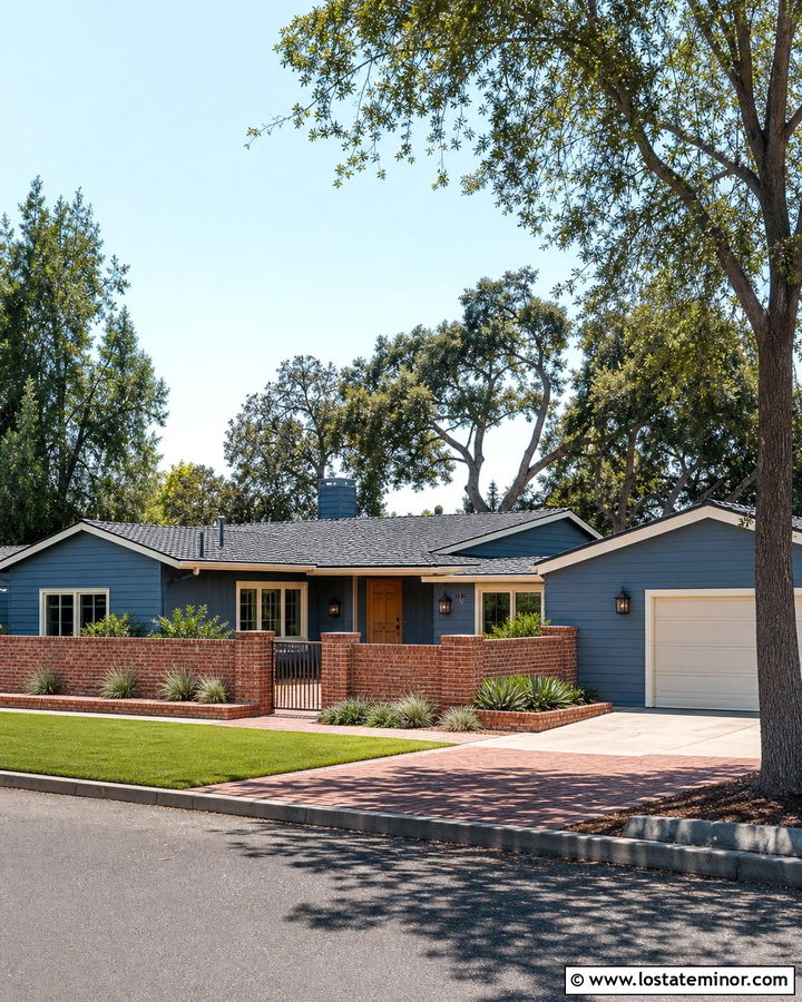 Denim Blue House With Brick Courtyard - 30 Denim Blue House Design With Brick Accents Ideas