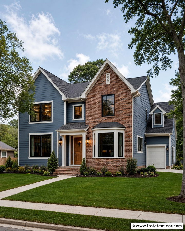 Denim Blue House With Brick Gable Accents - 30 Denim Blue House Design With Brick Accents Ideas
