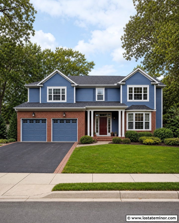 Denim Blue House With Brick Garage - 30 Denim Blue House Design With Brick Accents Ideas