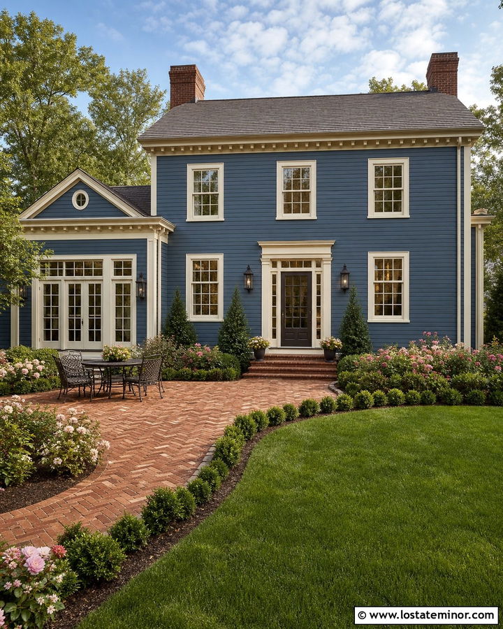 Denim Blue House With Brick Patio - 30 Denim Blue House Design With Backyard Ideas