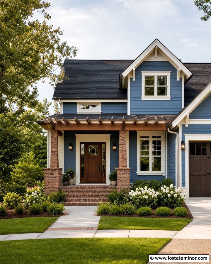 Denim Blue House With Brick Pergola Columns - 30 Denim Blue House Design With Pergola Ideas