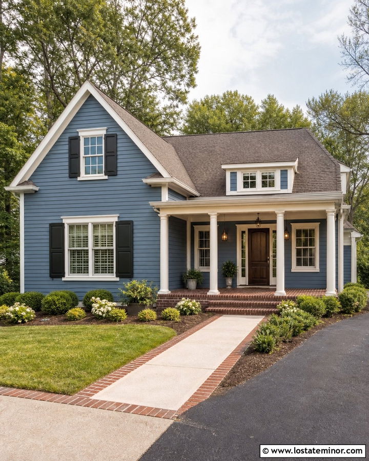 Denim Blue House With Brick Porch Floor - 30 Denim Blue House Design With Front Porch Ideas