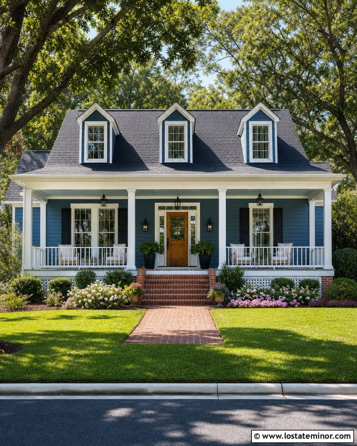 Denim Blue House With Brick Porch Floor - 30 Denim Blue House Design With Brick Accents Ideas