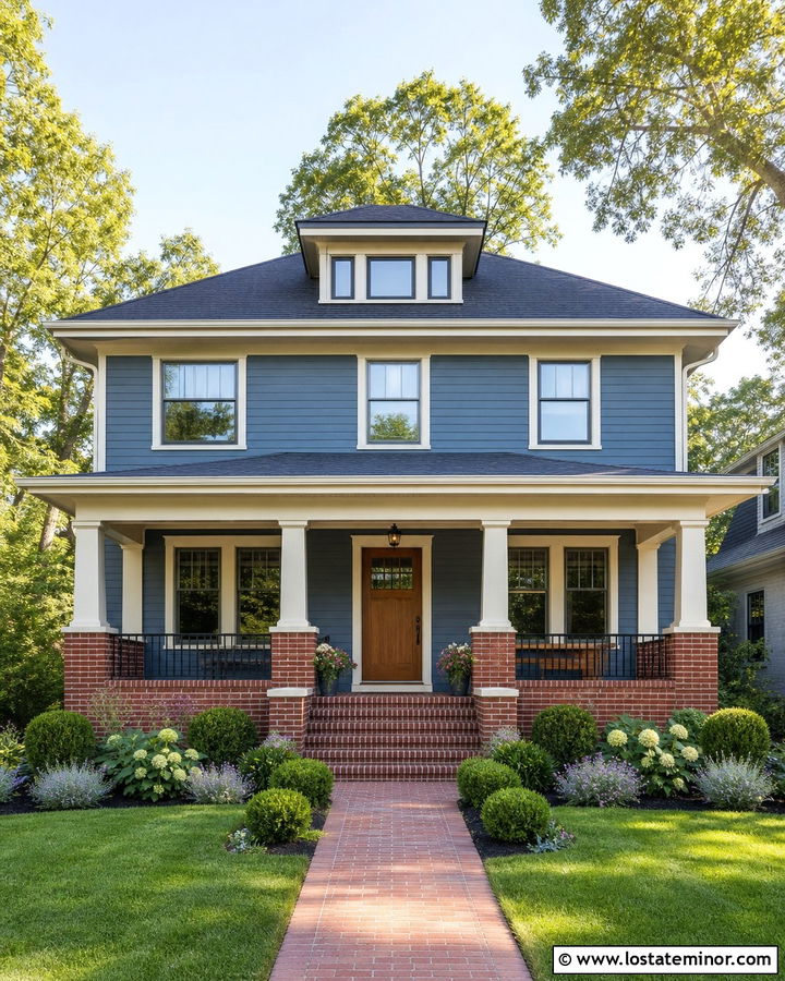Denim Blue House With Brick Porch Railings - 30 Denim Blue House Design With Railings Ideas