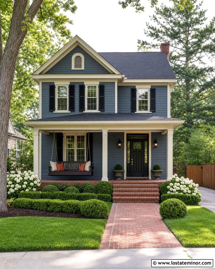 Denim Blue House With Brick Porch Swing - 30 Denim Blue House Design With Swing Ideas