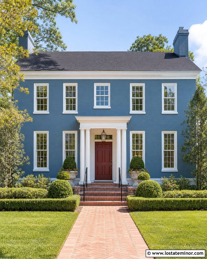 Denim Blue House With Brick Red Front Door - 30 Denim Blue House Design With Entry Door Ideas