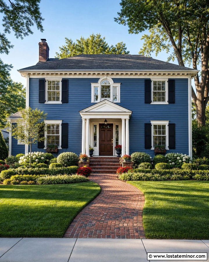 Denim Blue House With Brick Walkway And Red Flowers - 30 Denim Blue House Design With Landscaping Ideas