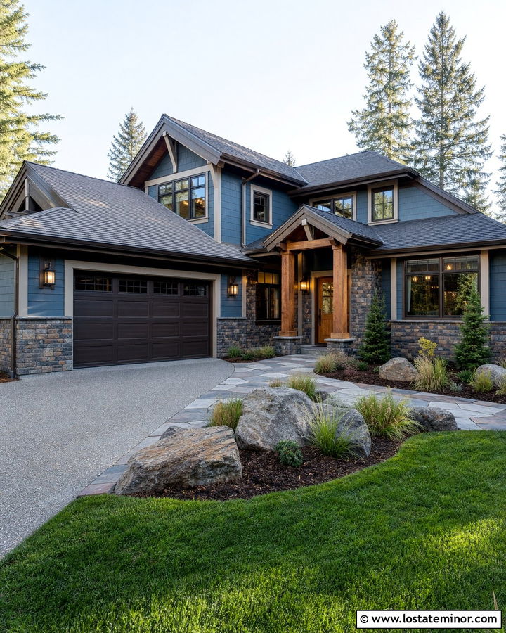 Denim Blue House With Bronze Garage Door - 30 Denim Blue House Design With Garage Door Ideas