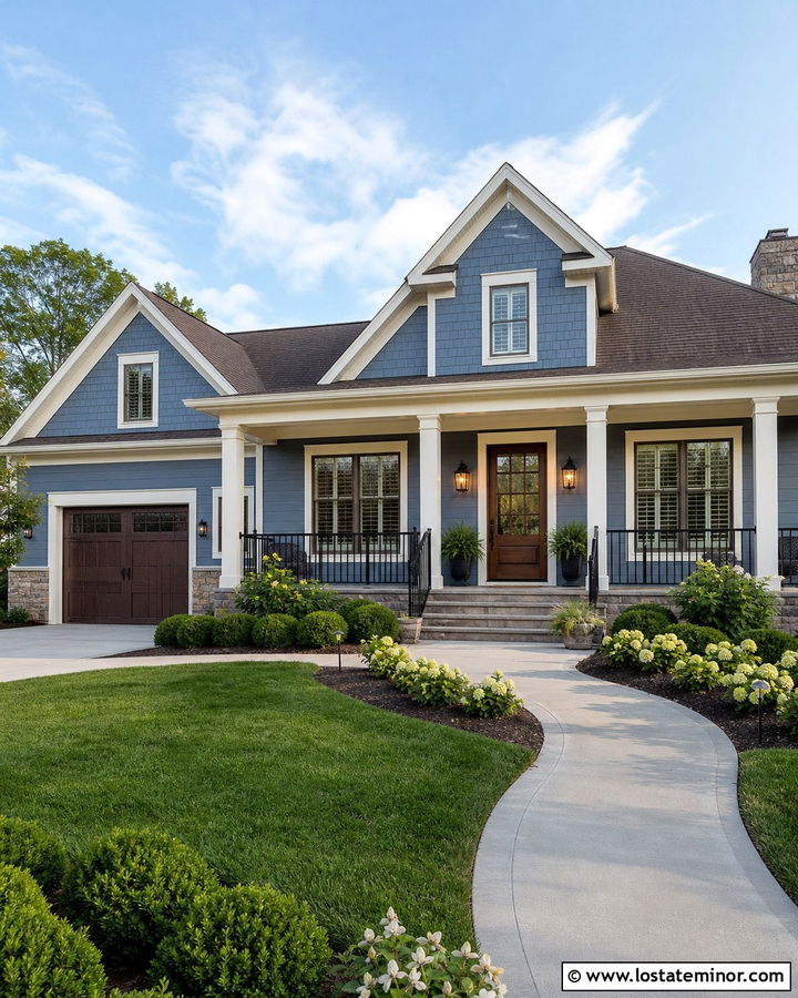 Denim Blue House With Bronze Metal Railings - 30 Denim Blue House Design With Railings Ideas