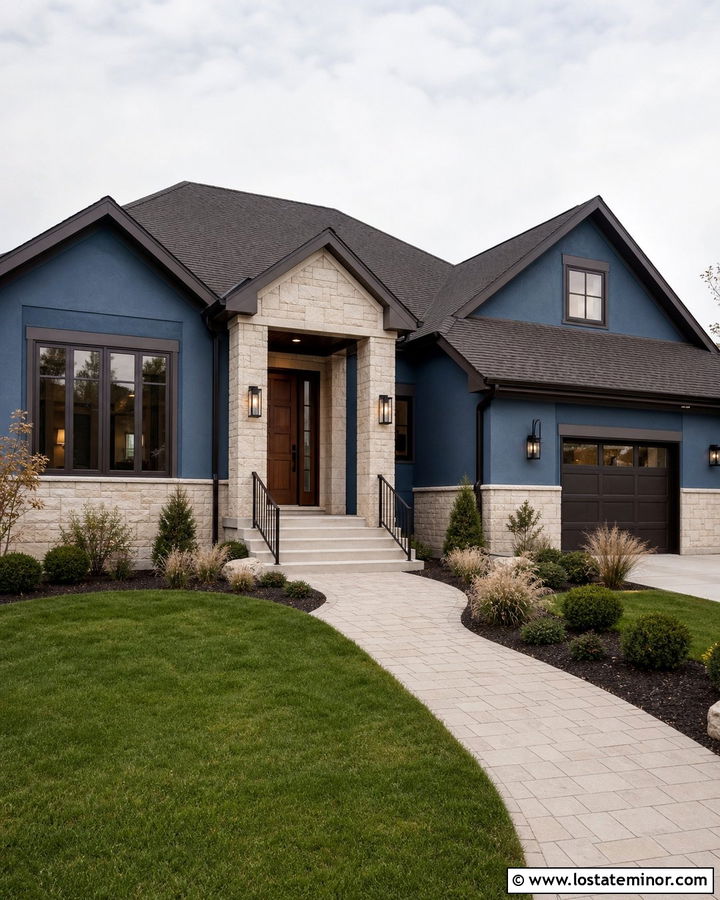 Denim Blue House With Bronze Trim And Limestone - 30 Denim Blue House Design With Trim Ideas