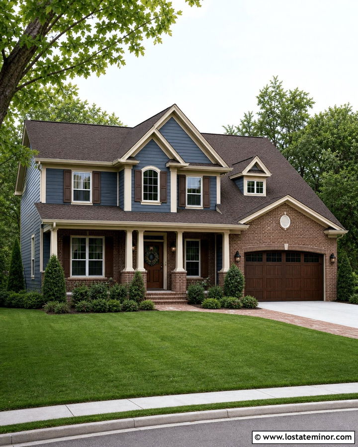 Denim Blue House With Brown Brick - 30 Denim Blue House Design With Brick Accents Ideas