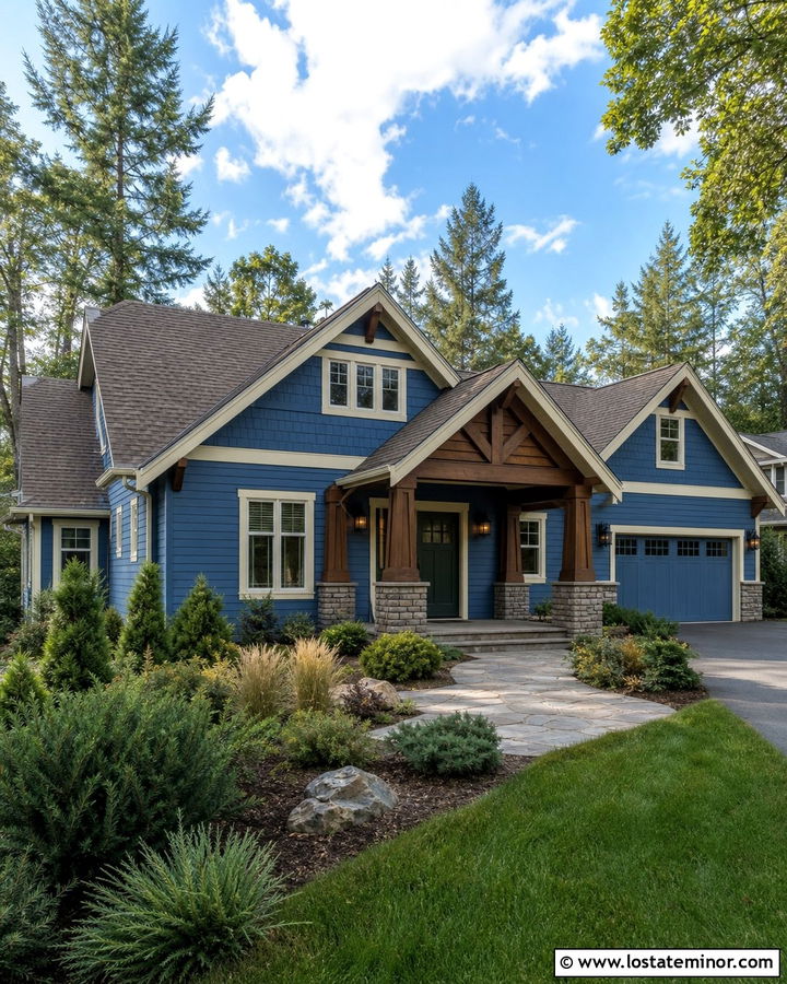Denim Blue House With Brown Roof And Columns - 30 Denim Blue House Design With Porch Columns Ideas