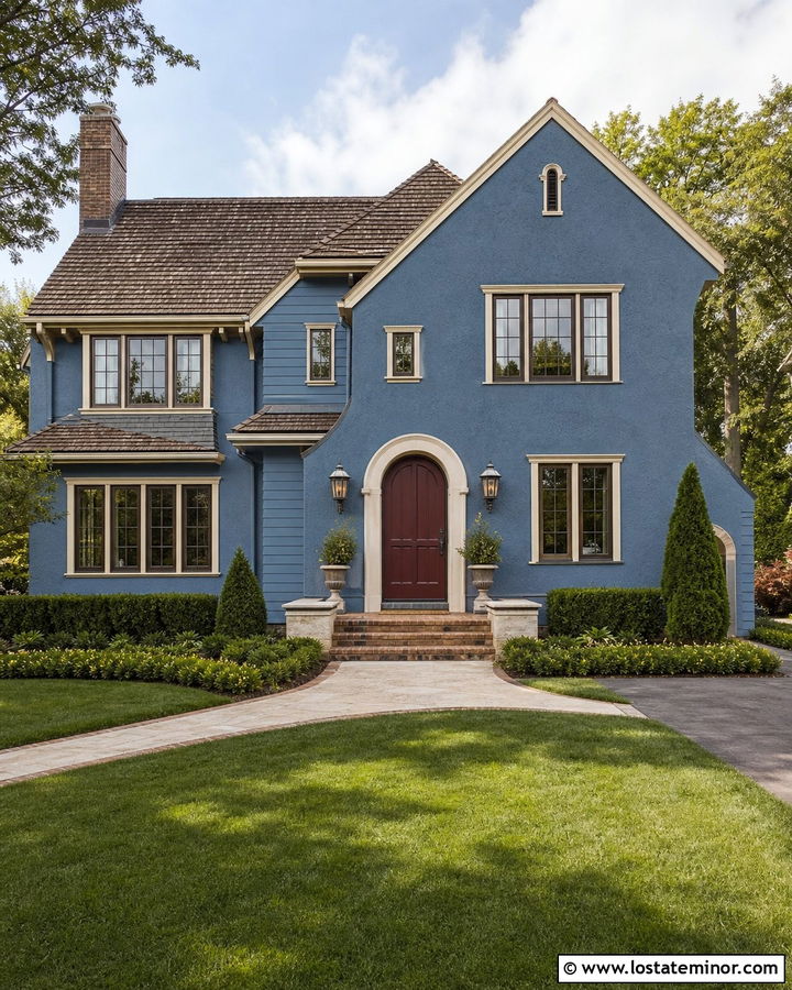 Denim Blue House With Burgundy Front Door - 30 Denim Blue House Design With Front Door Ideas