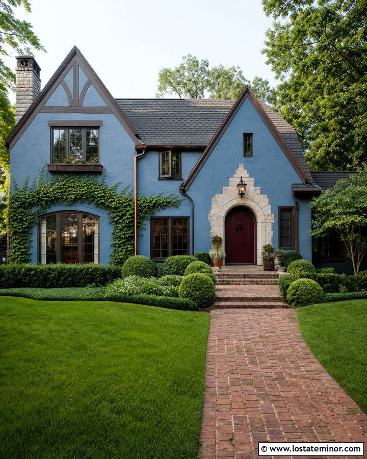 Denim Blue House With Burgundy Front Door - 30 Denim Blue House Design With Entry Door Ideas