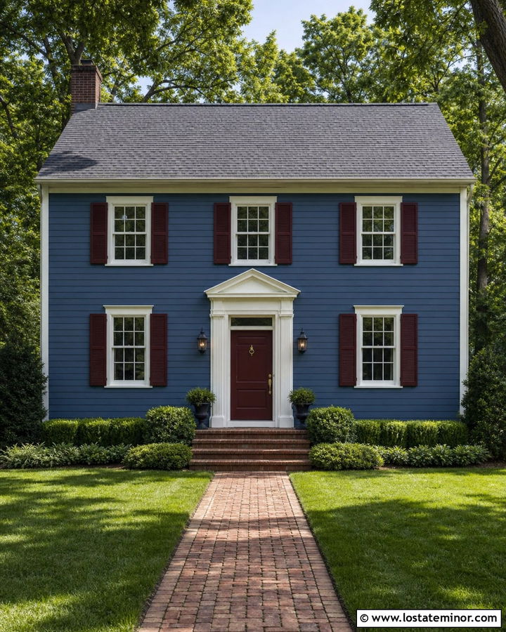 Denim Blue House With Burgundy Shutters - 30 Denim Blue House Design With Accents Ideas