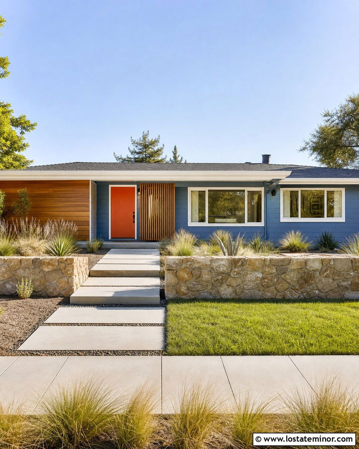 Denim Blue House With Burnt Orange Front Door - 30 Denim Blue House Design With Entry Door Ideas