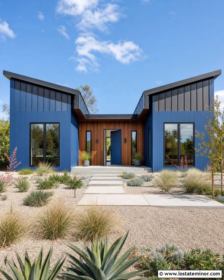 Denim Blue House With Butterfly Roof - 30 Denim Blue House Design With Roof Ideas