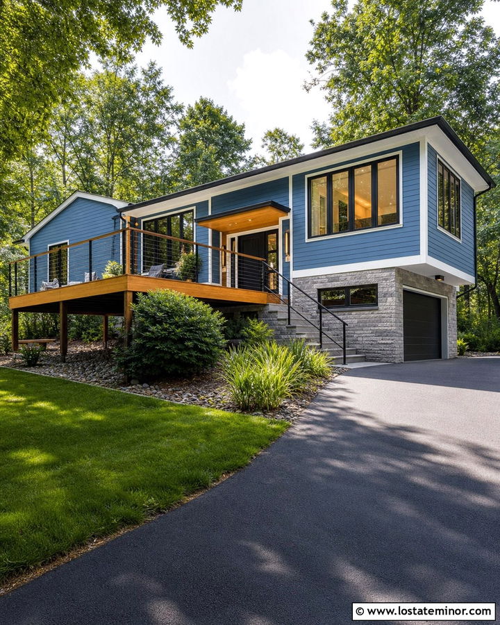 Denim Blue House With Cable Railing Deck - 30 Denim Blue House Design With Deck Ideas