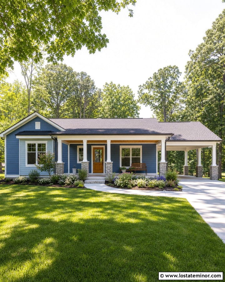 Denim Blue House With Carport And Front Porch - 30 Denim Blue House Design With Carport Ideas